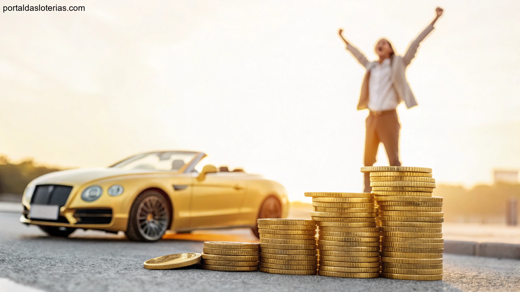 Imagem de elementos de sorte como moedas de ouro e um carro de luxo