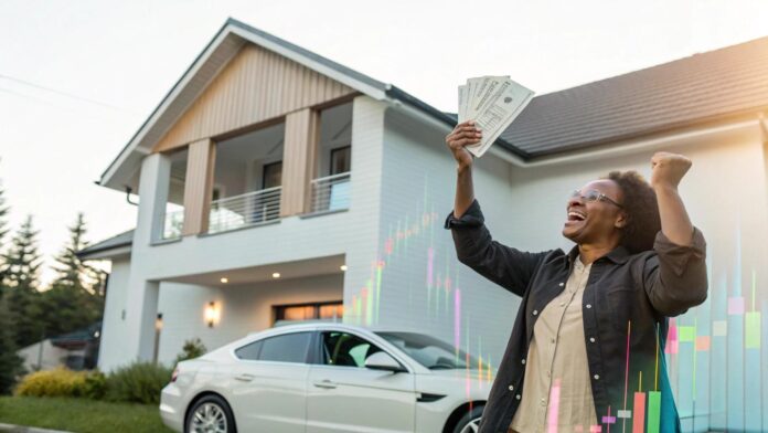 Pessoa feliz com bilhetes de loteria em frente a uma casa moderna e carro de luxo com gráficos estatísticos ao fundo