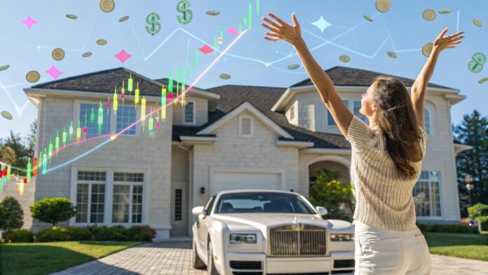 Imagem de uma mulher feliz em frente a uma casa e um carro com gráficos ao fundo