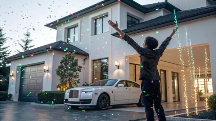 Pessoa feliz celebrando prêmio da Mais Milionária com casa, carro e gráficos