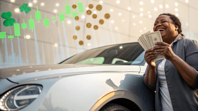 Pessoa feliz com bilhete de loteria ao lado de um carro de luxo e gráficos ao fundo