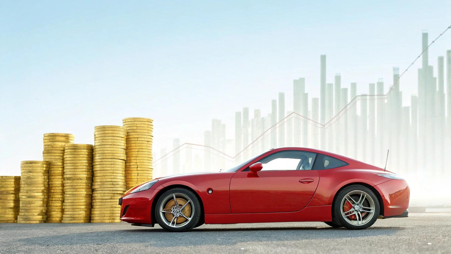 Carro esportivo com moedas de ouro e gráficos, representando o concurso anterior da Mega Sena