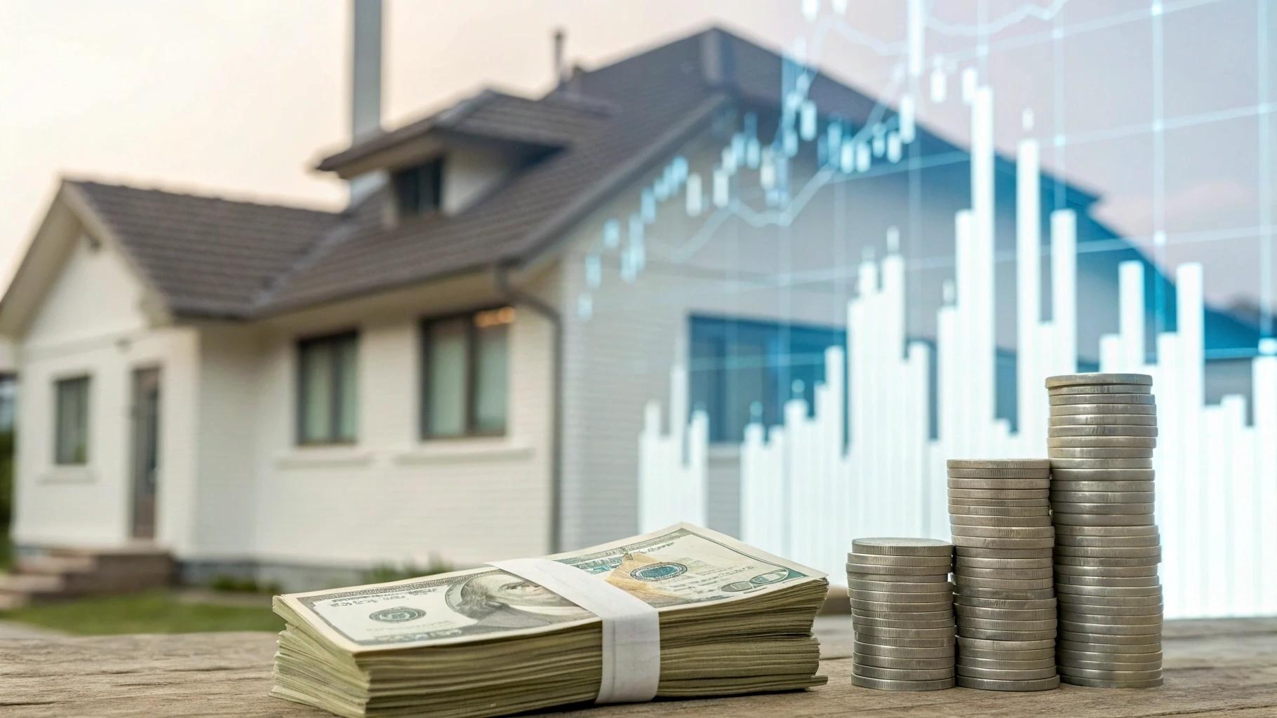 Gráficos estatísticos e montanhas de dinheiro com uma casa ao fundo