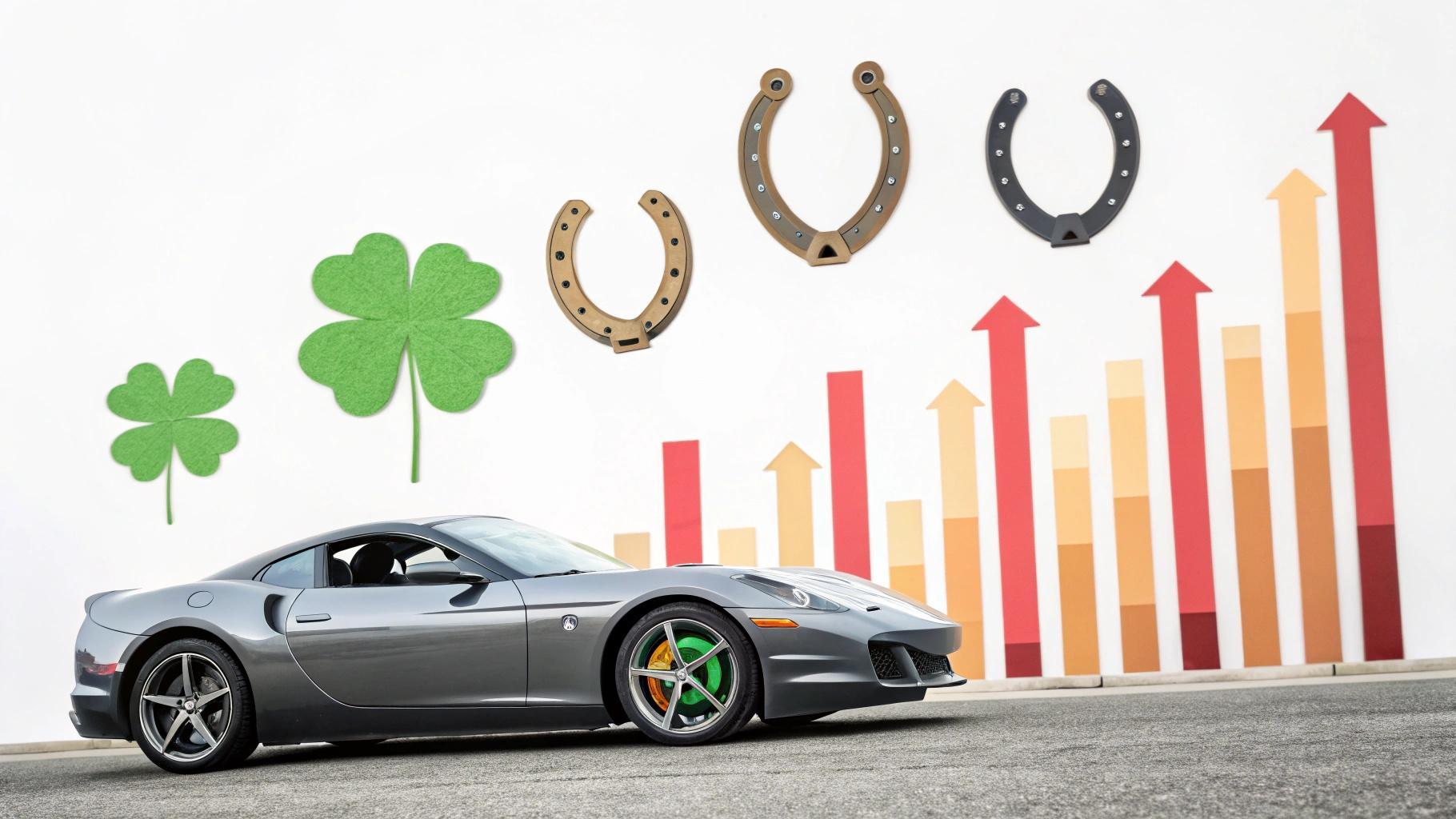 Carro de luxo e gráficos simbolizando o resultado da Quina 6736