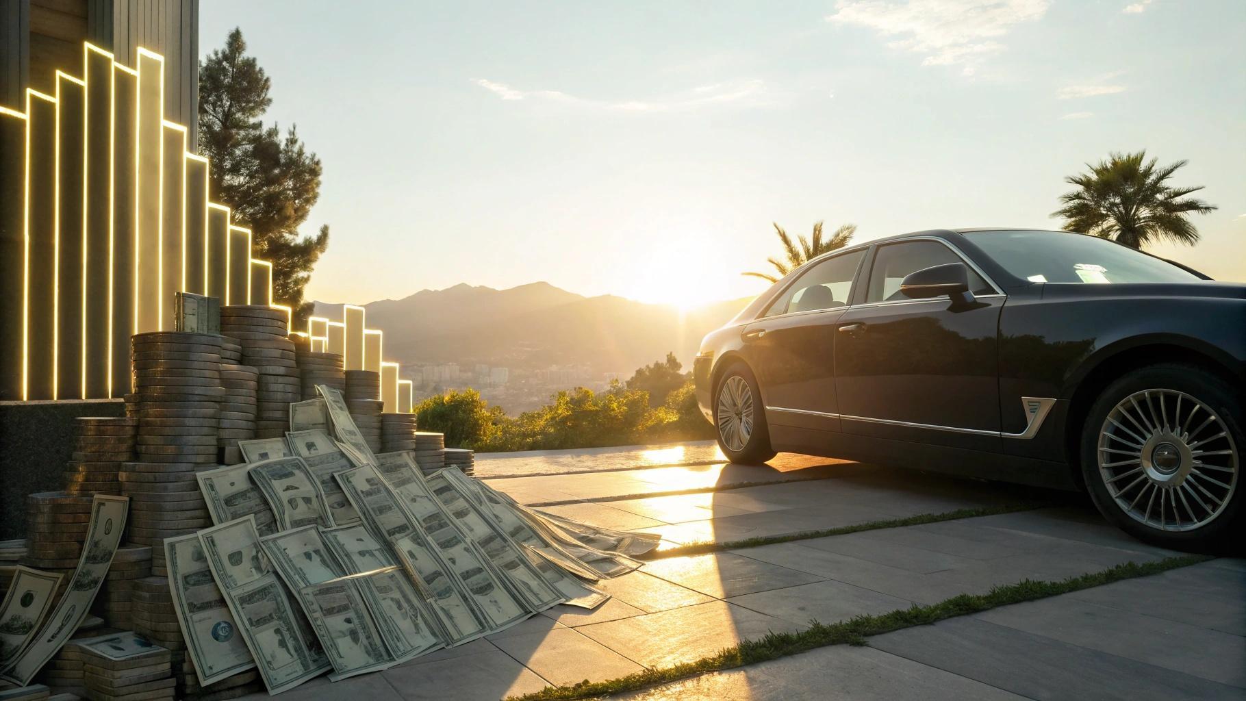 Carro de luxo ao lado de dinheiro e gráfico brilhante representando prêmio de loteria